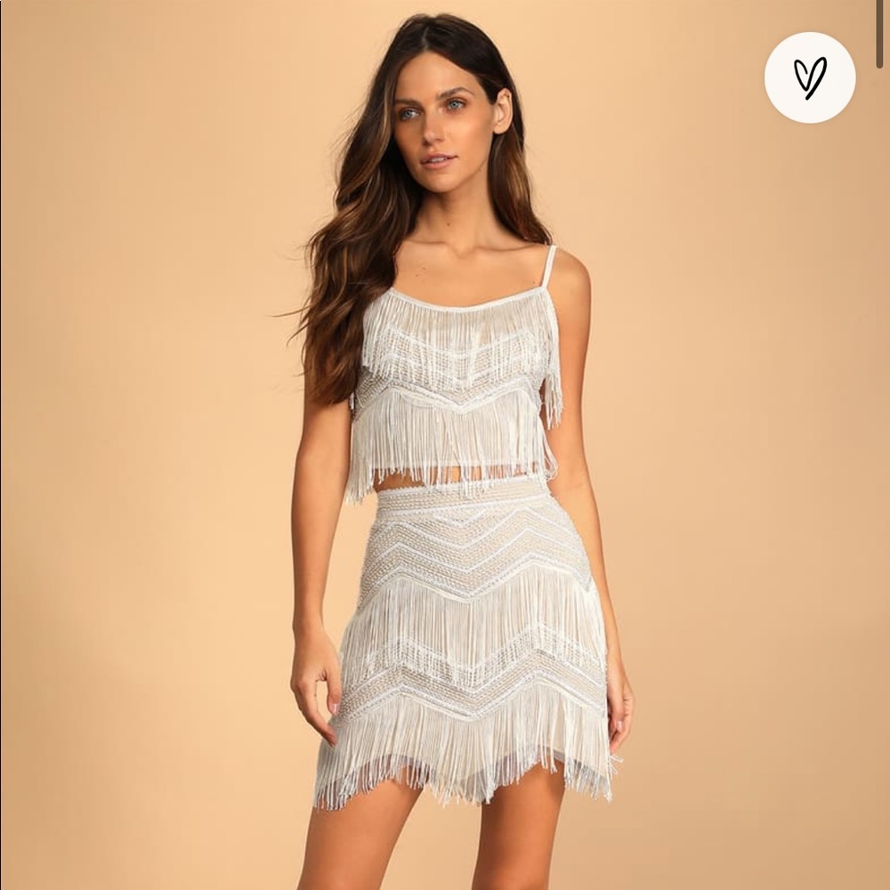 NWT Lulus Soiree of the Decade White Sequin Fringe Two-Piece Mini Dress